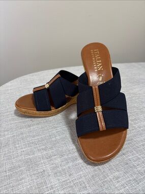 Italian Shoemakers Navy Blue and Brown Cork Wedge Slide Sandals Size 9